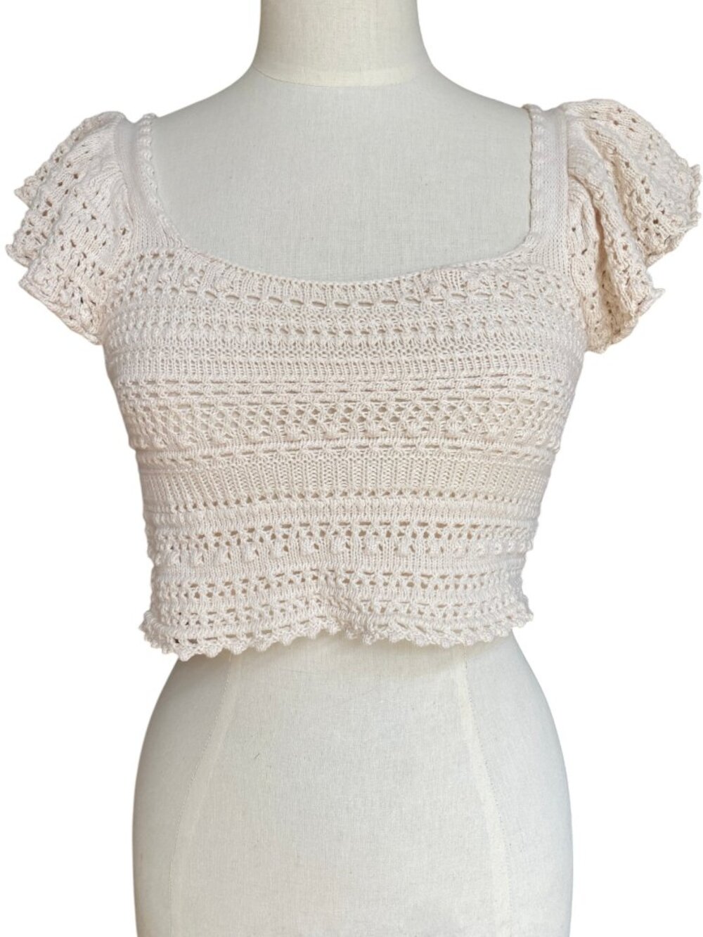Sincerely Jules Cream Crochet Knit Crop Top Coquette Cottage Milkmaid Boho-XS